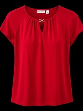 Susan Graver Red Keyhole Blouse – Size Small with Metallic Accent